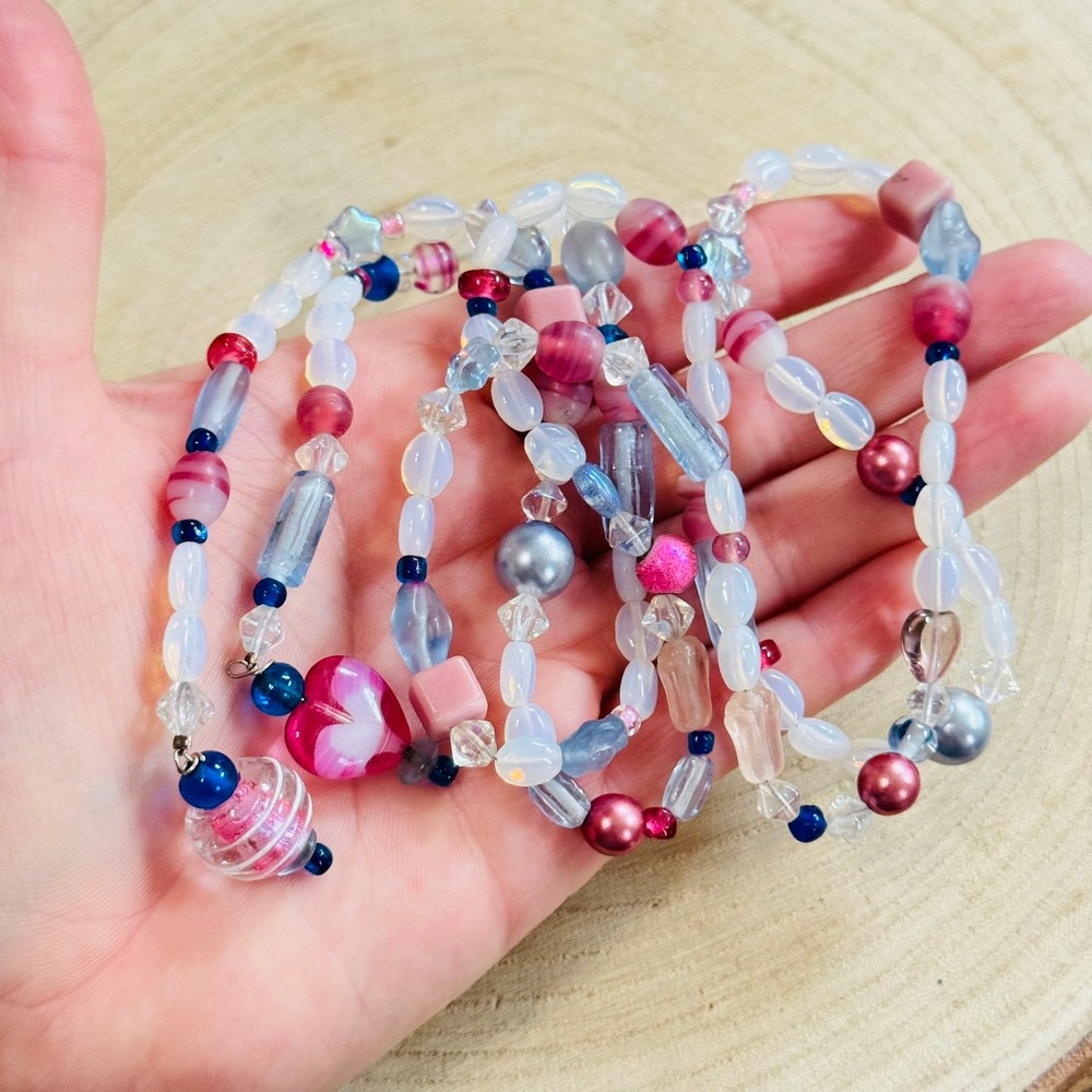 VTG pink Opalescent wrap Necklace Opalite Art Glass Beads moonglow long 38" rare